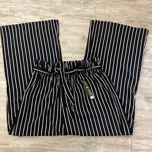 New Mix Women’s Black White Stripes Palazzo Pants Gartered Waistband Wide Leg